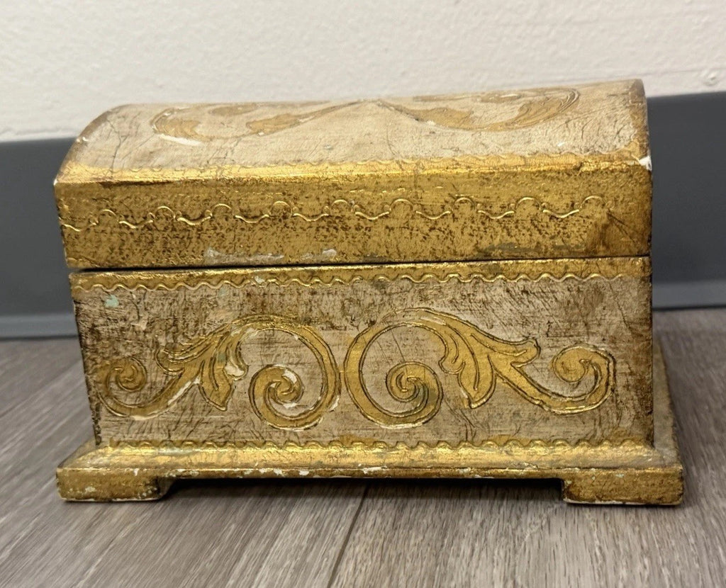 Vintage Domed Wood Gold Gilt Italian Florentine Footed Trinket Box 8”x5”x4.75”
