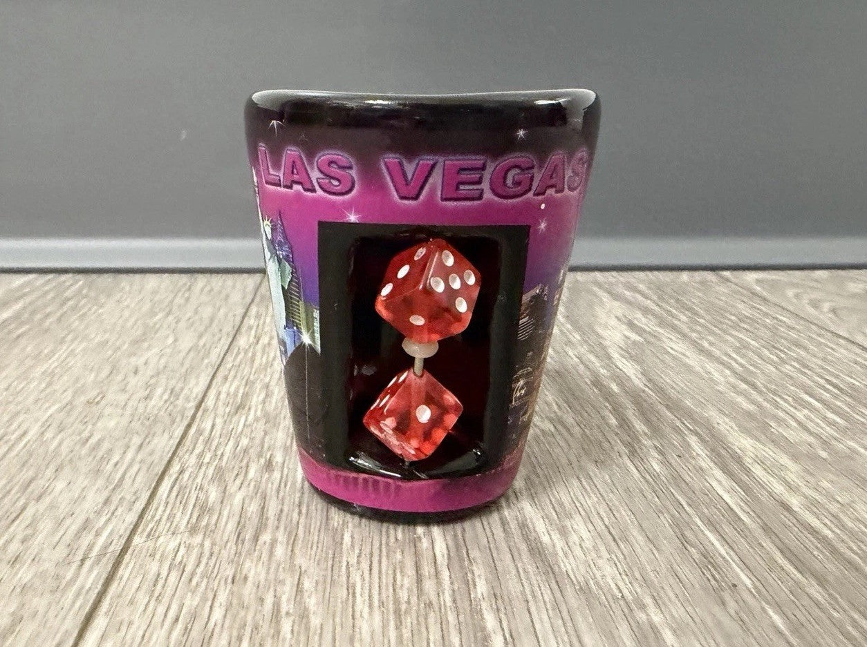 E - Shot Glass - 2.5" Black Las Vegas with inserted Dice
