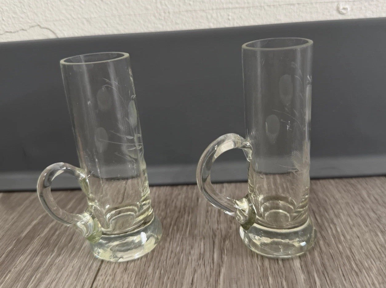 Shot Sake Liqueur Pair Glasses Japanese Etched Plant w/ Handles Vintage CHIPPED