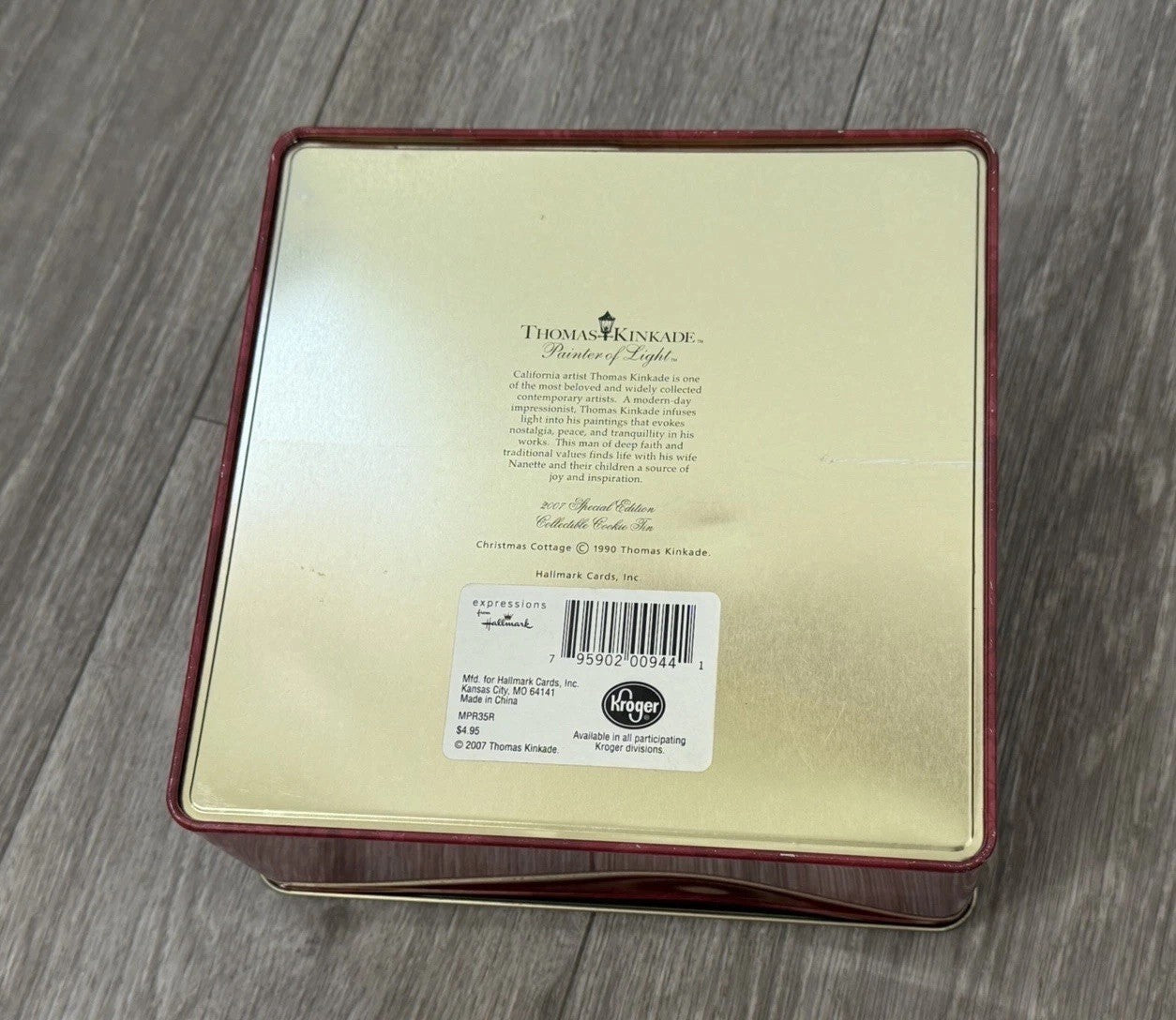 Hallmark/Kroger Thomas Kinkade Maroon/Gold Scenic Square Metal Tin, 7.5x7.5”