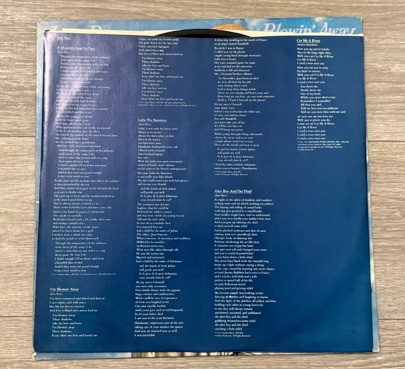 JOAN BAEZ BLOWIN AWAY Promo W/ Art Insert LP~Vinyl VG+