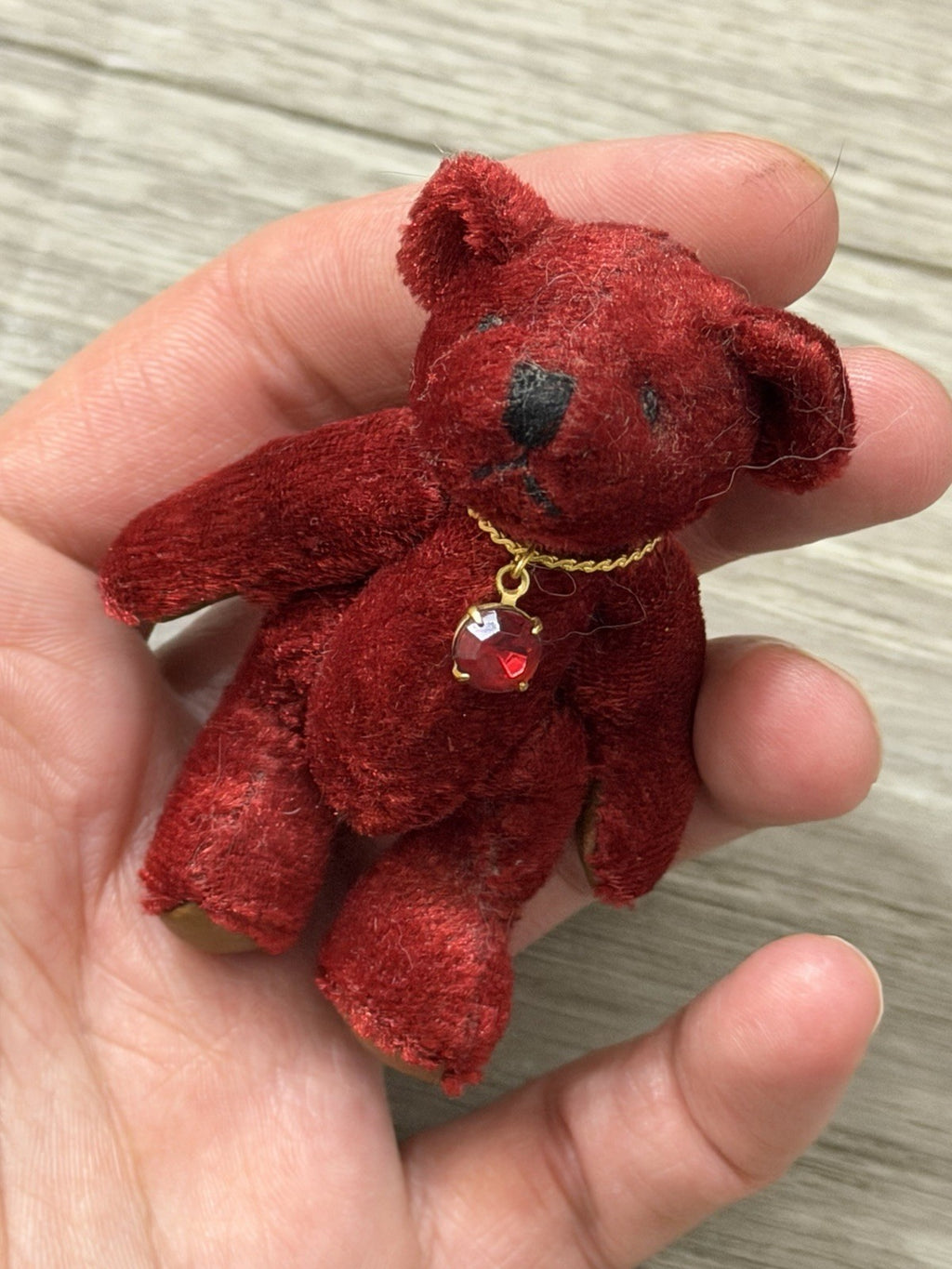 1982 Miniature Jointed Ruby Velvet Purple Teddy Bear Wearing A Necklace
