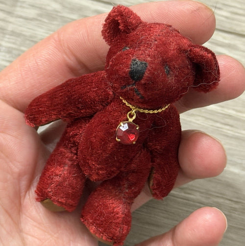 1982 Miniature Jointed Ruby Velvet Purple Teddy Bear Wearing A Necklace
