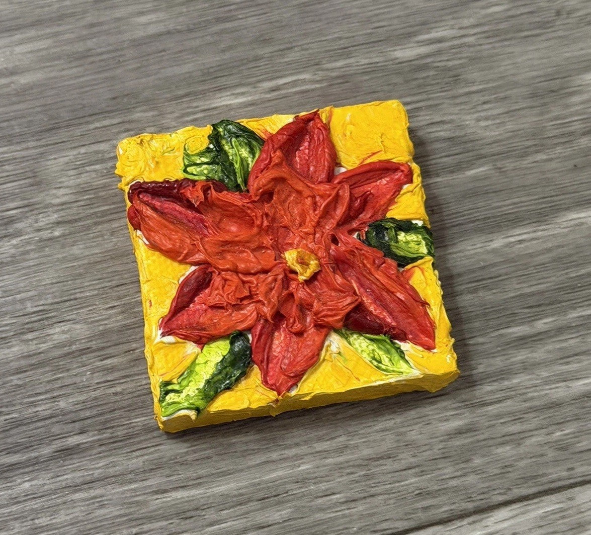 ‘Pointsettia’ Christmas Mini Oil Painting Magnet By Paris Wyatt Llanso 2x2”