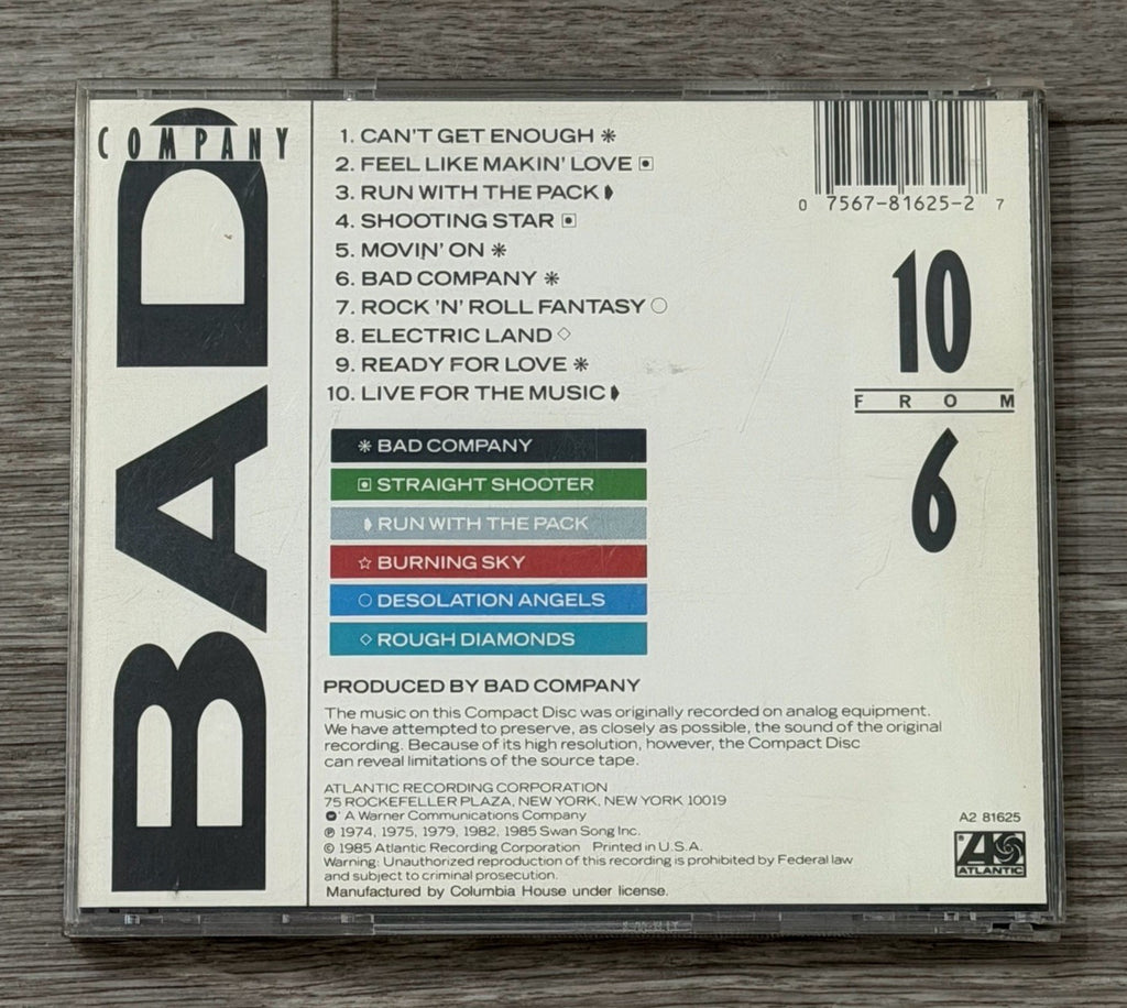 10 from 6 by Bad Company CD 1985 Atlantic Label A2 81625 Cracked Case