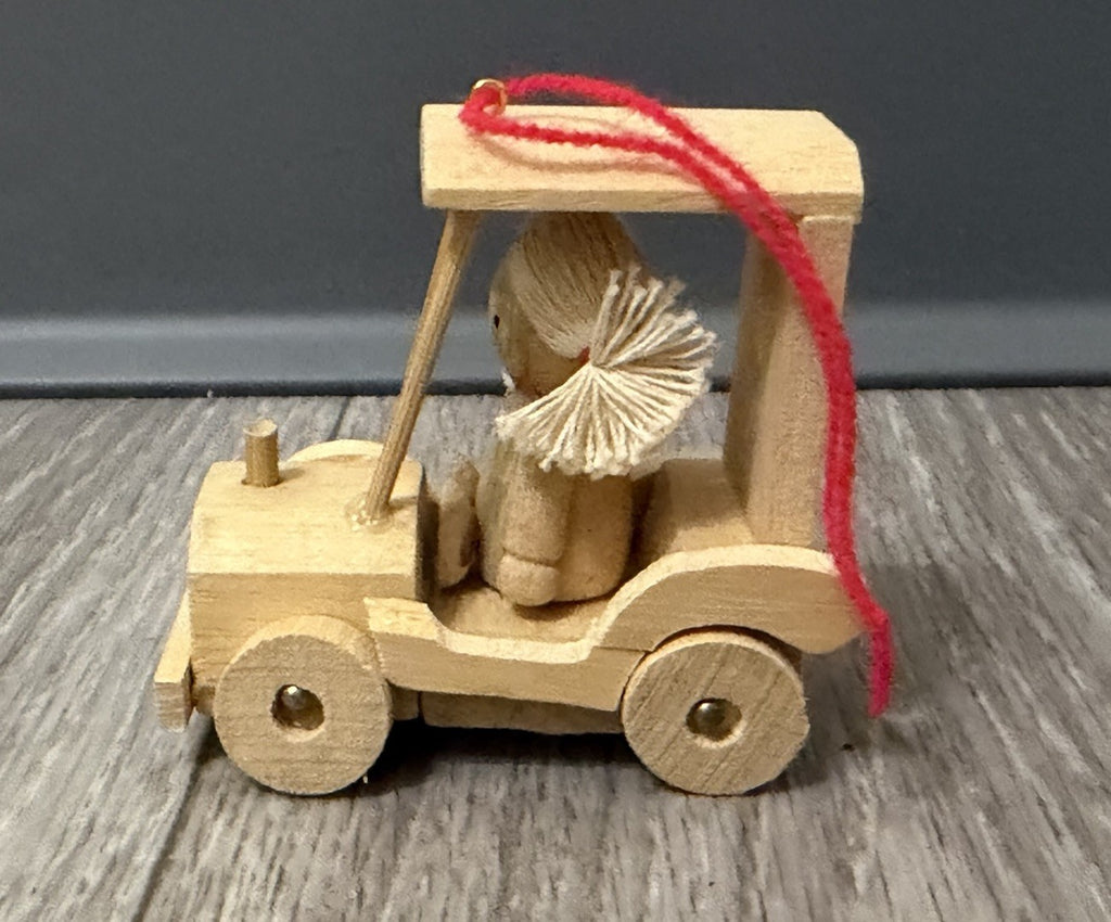 Vintage Handmade Wooden Car Girl Christmas Tree Ornament Heart 80s Doll Folk Art