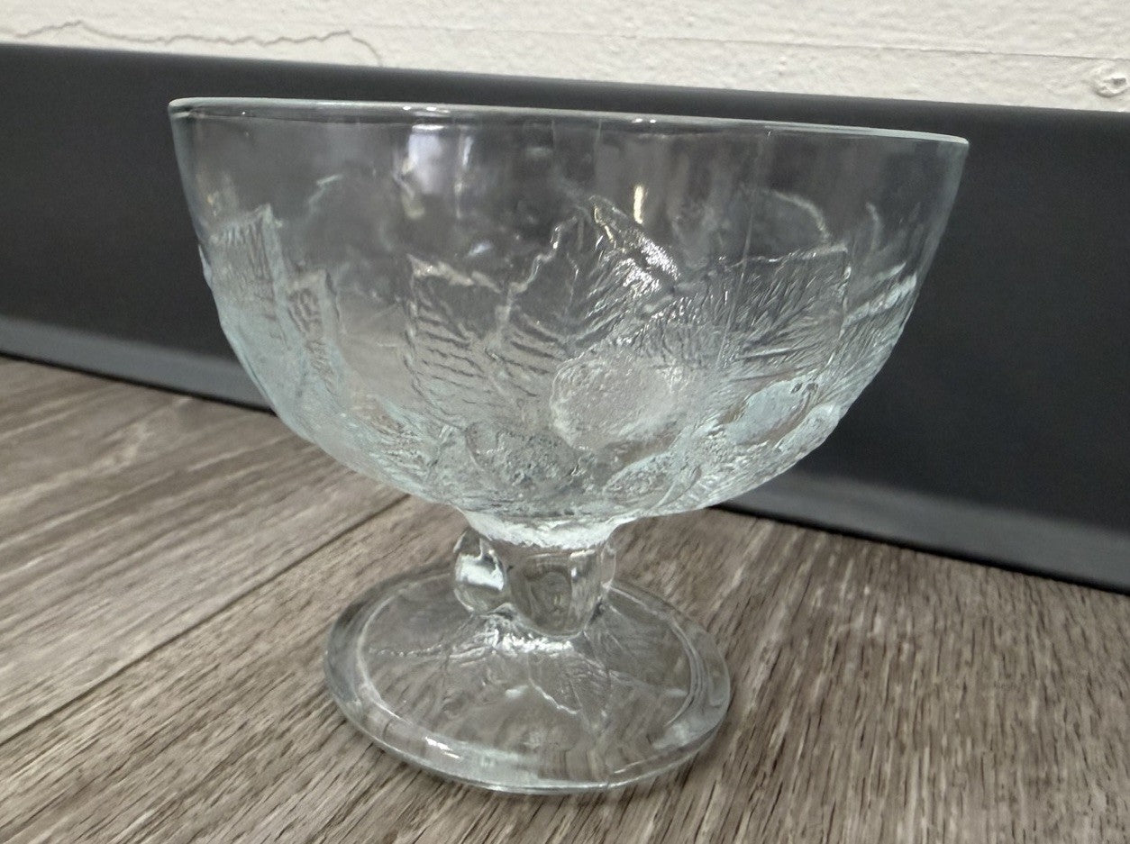 Vintage Footed Glass Bowl W/ Apples & Grapes Fruit Design Holiday Candy Dish