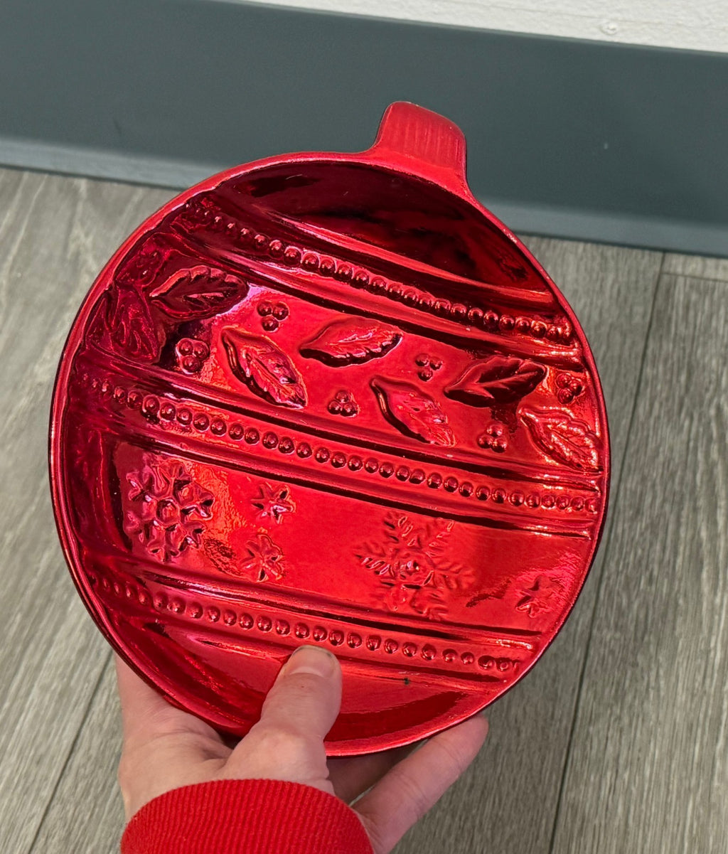 VTG Red Christmas Christmas Ball Ornament Candy Dish K’s Collection 7” Diameter