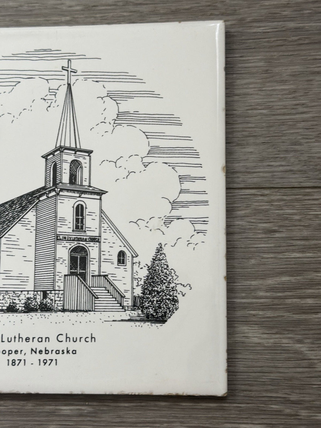 Elim Lutheran Church Hooper, Nebraska 1871-1971 Black & White Tile Trivet Cork