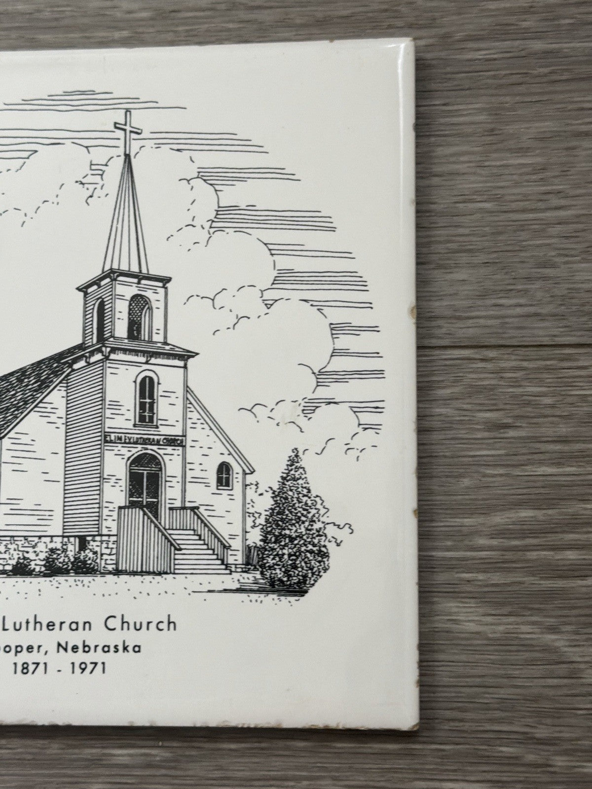Elim Lutheran Church Hooper, Nebraska 1871-1971 Black & White Tile Trivet Cork