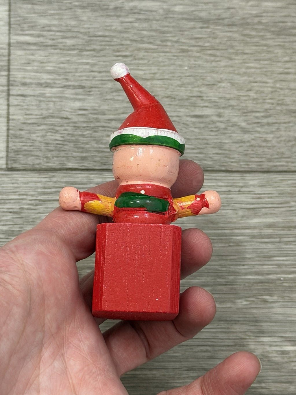 Vintage Wooden Jack In The Box Clown  Red Green Christmas Ornament ~ Taiwan