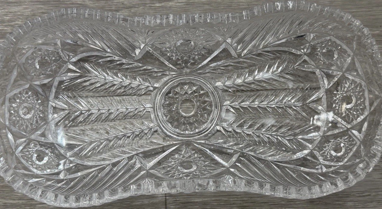 American Brilliant Sawtooth Cut 9 7/8" X 4.5" Glass Crystal Celery  Dish Damaged