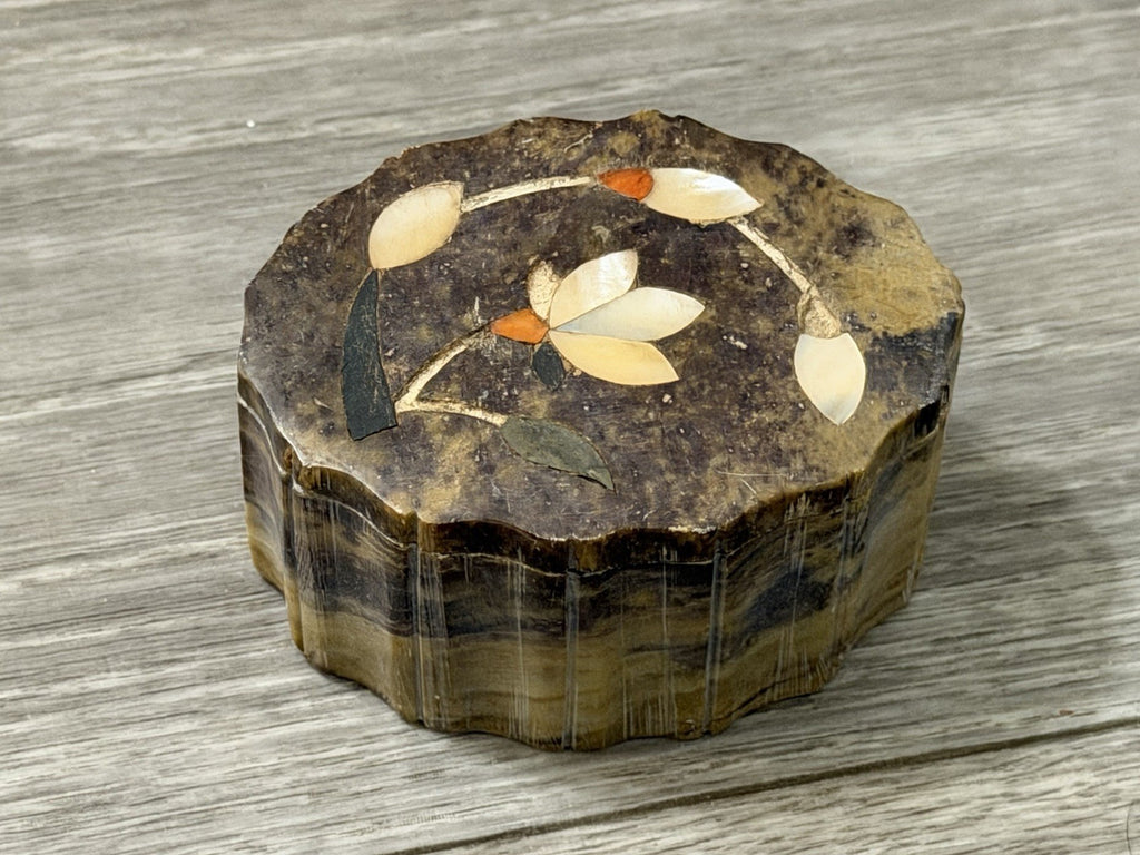 Vintage Stone Trinket Box Abalone Inlay Made In India 3” X 2.25” X 1.5” Tall