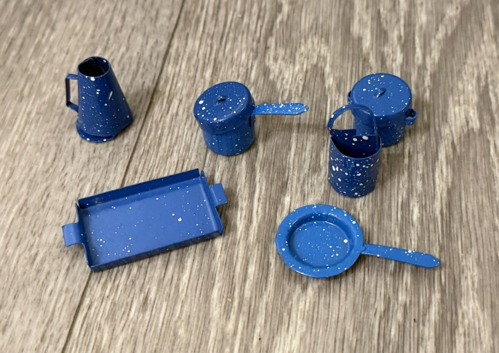 Vtg Mini Mismatched Dollhouse Blue Speckled Enamelware Pots Pans Lids Tray 8 Pcs