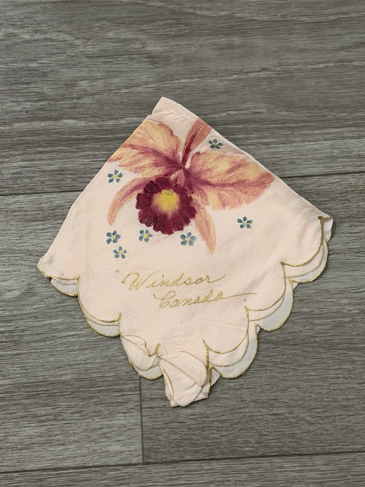 Vintage Windsor Canada Hankerchief Souvenir Hand Painted Pink Floral Hankie