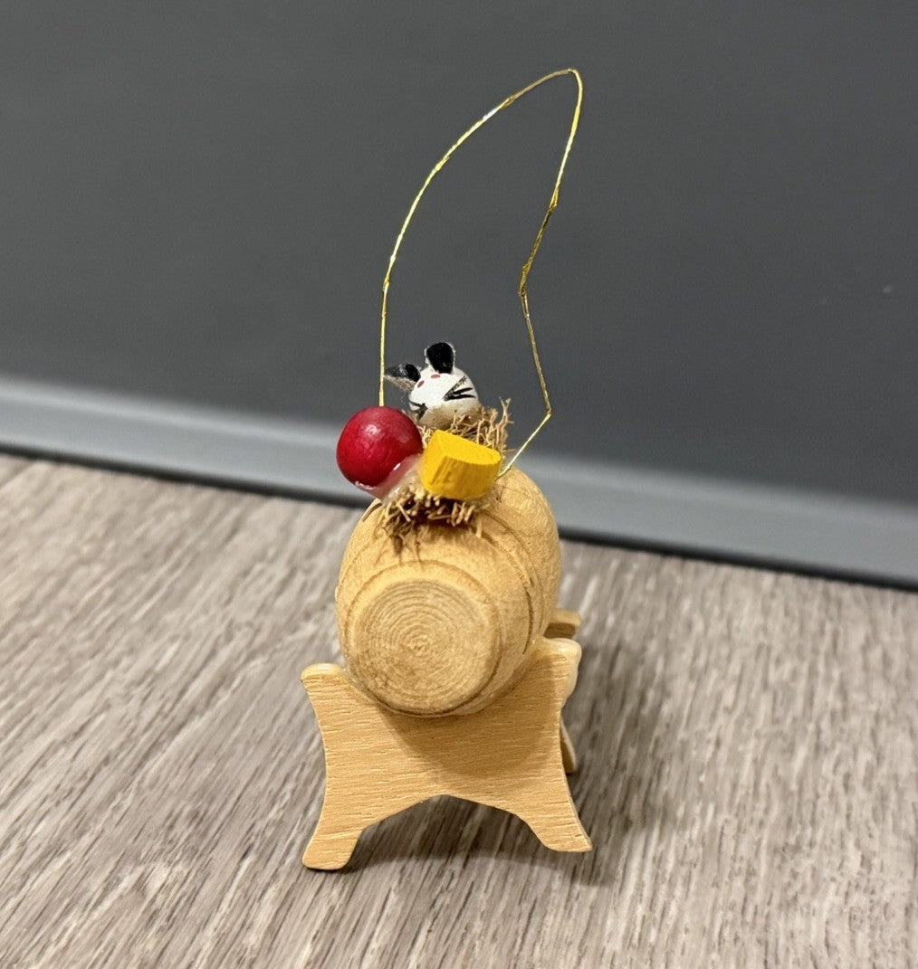 Vintage Wood Barrel Christmas Ornament With Mouse Cheese And Apple