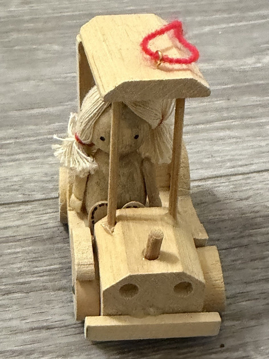 Vintage Handmade Wooden Car Girl Christmas Tree Ornament Heart 80s Doll Folk Art