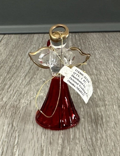 Blown Glass Angel Ornament With Red Heart & Gold Trimmed Wings 2.5"