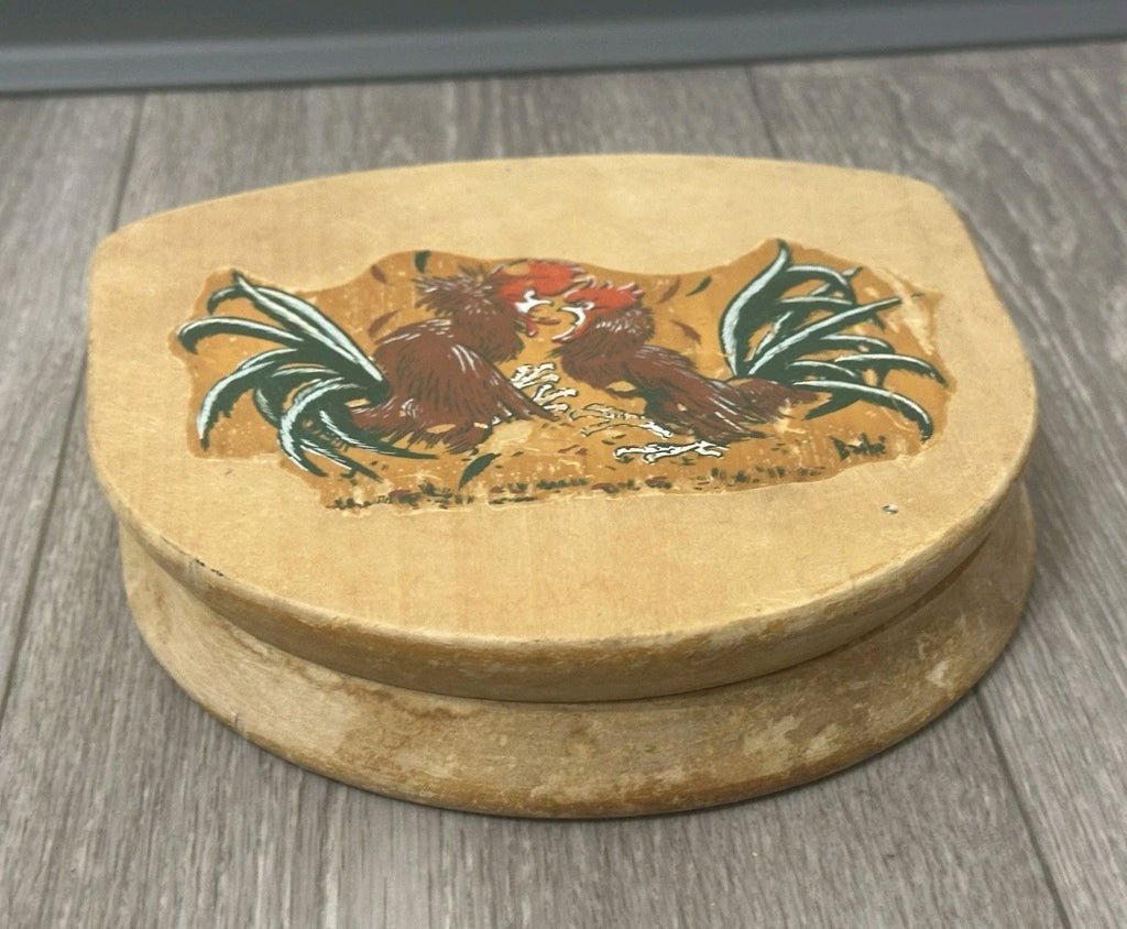 Vintage Wooden Hamburger Press Hand-Painted Folk Art Fighting Roosters Chicken 