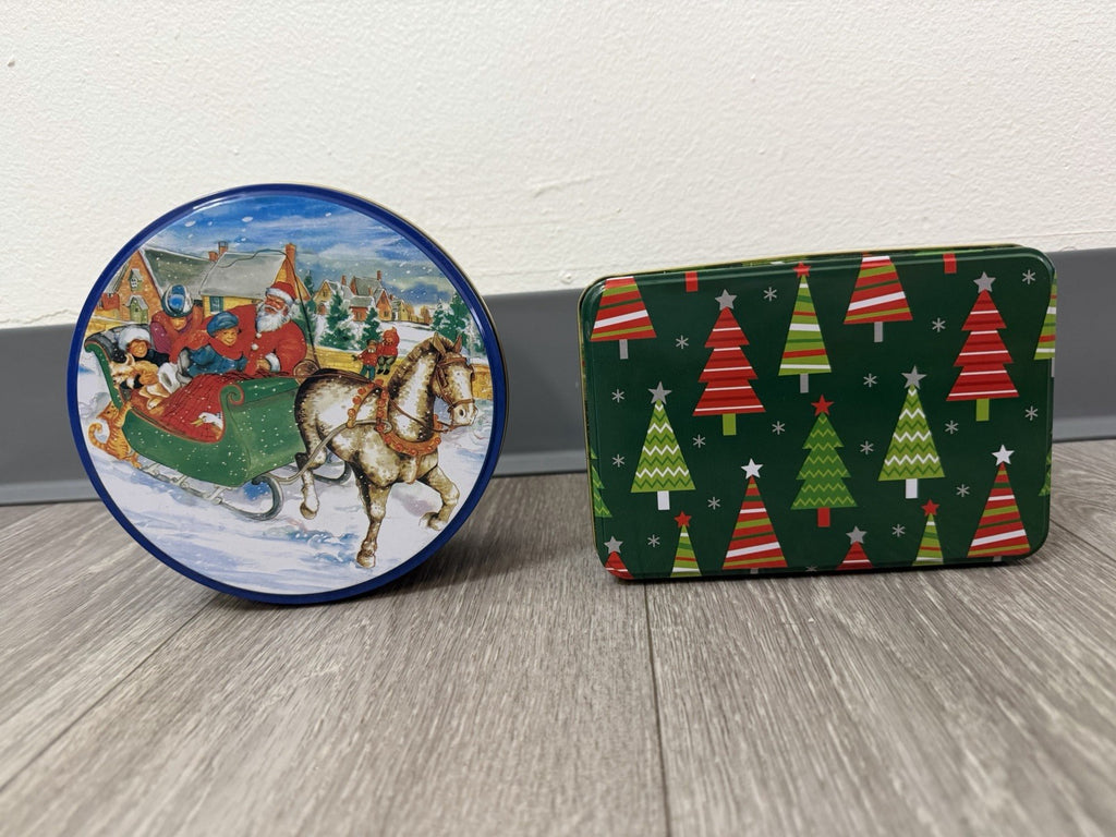 2 Christmas Tins Rnd & Rectangle 6” Diameter & 6.5”x 4.25” Used Great Condition