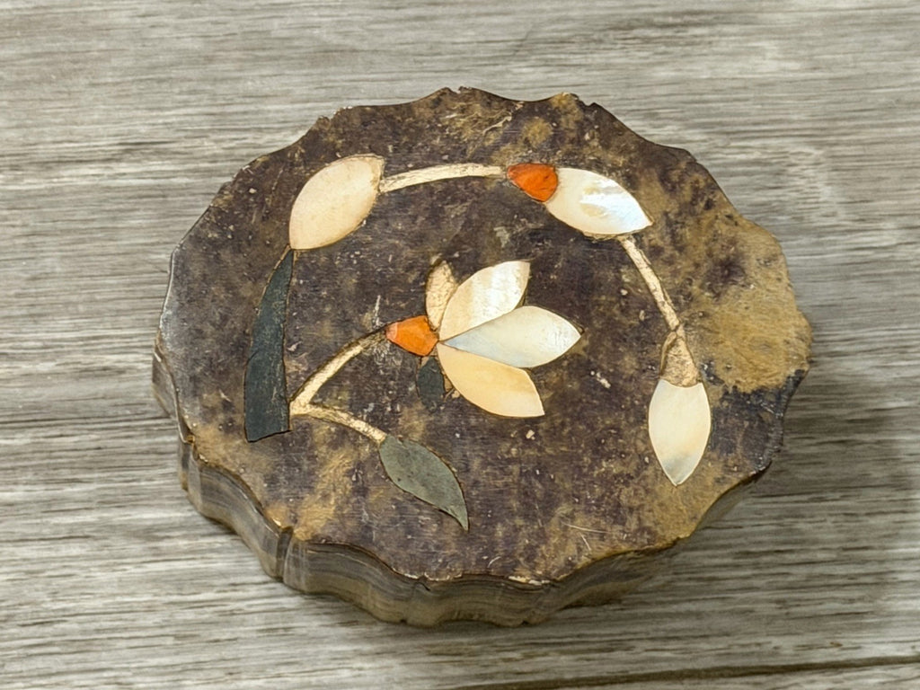 Vintage Stone Trinket Box Abalone Inlay Made In India 3” X 2.25” X 1.5” Tall