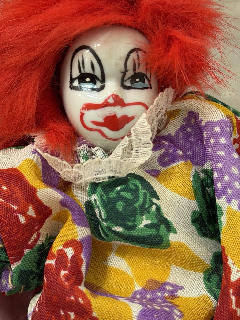 Vintage Imperial Porcelain Face Clown Doll 5” Plush Toy With Wild Red Hair