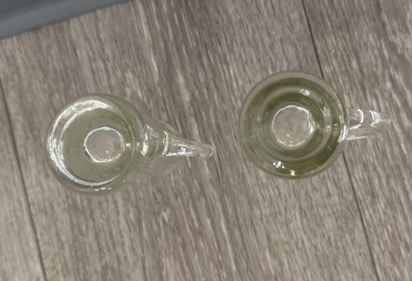 Shot Sake Liqueur Pair Glasses Japanese Etched Plant w/ Handles Vintage CHIPPED