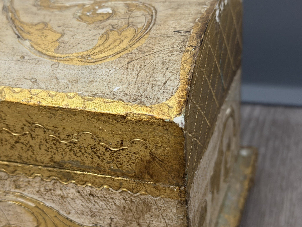 Vintage Domed Wood Gold Gilt Italian Florentine Footed Trinket Box 8”x5”x4.75”