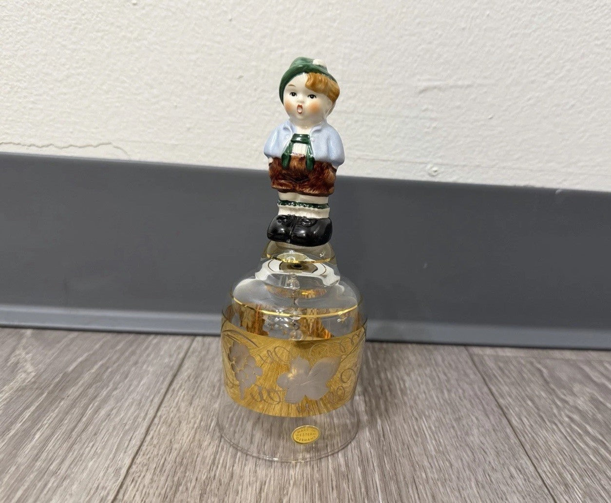 Vintage Goebel Western Germany Etched Crystal Glass Bell Ceramic Boy Handle