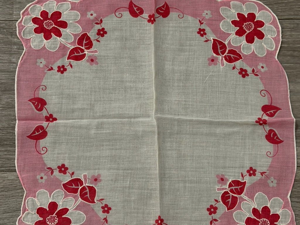 Vintage Pink Flowers Floral Wedding Handkerchief 11.5 X 11.75”