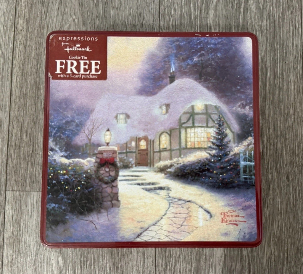 Hallmark/Kroger Thomas Kinkade Maroon/Gold Scenic Square Metal Tin, 7.5x7.5”