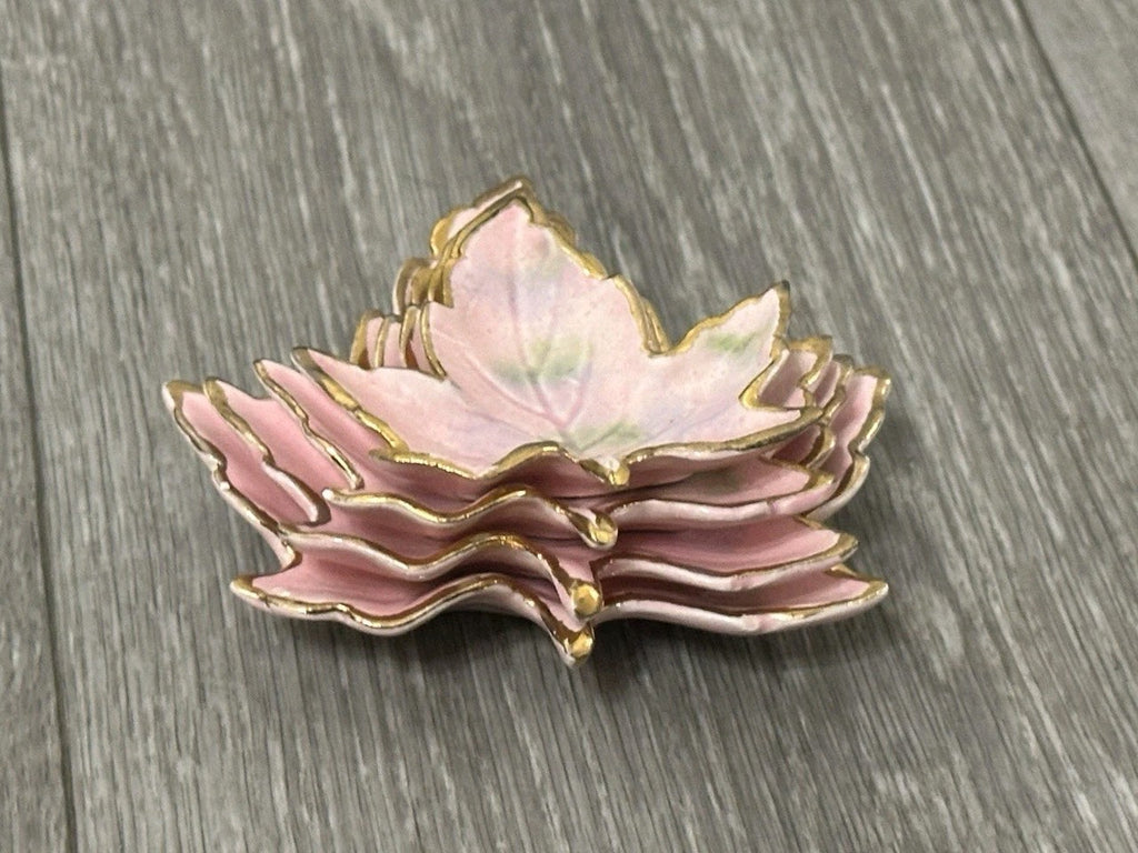 Vintage Ceramic set of 4 Nesting Maple Leaf Dishes 4 inches Pink And Gold
