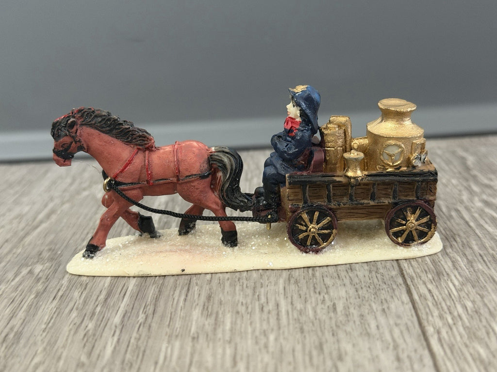 Horse-Drawn Fire Pumper Wagon w/ Firefighter, Vintage Christmas Village Figurine