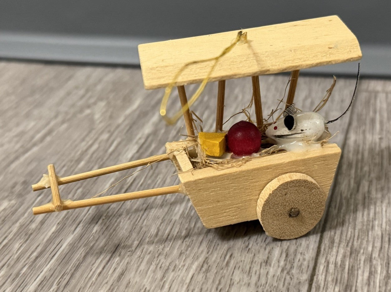 Vintage Pull Cart Christmas Ornament With Mouse Cheese And Apple