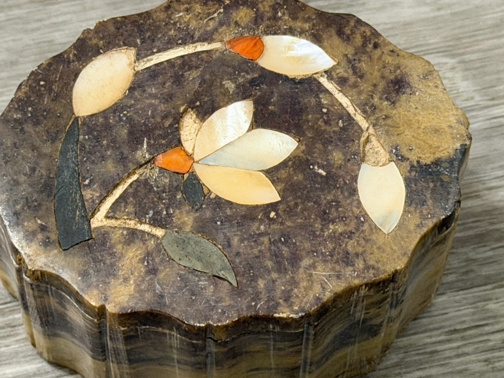 Vintage Stone Trinket Box Abalone Inlay Made In India 3” X 2.25” X 1.5” Tall