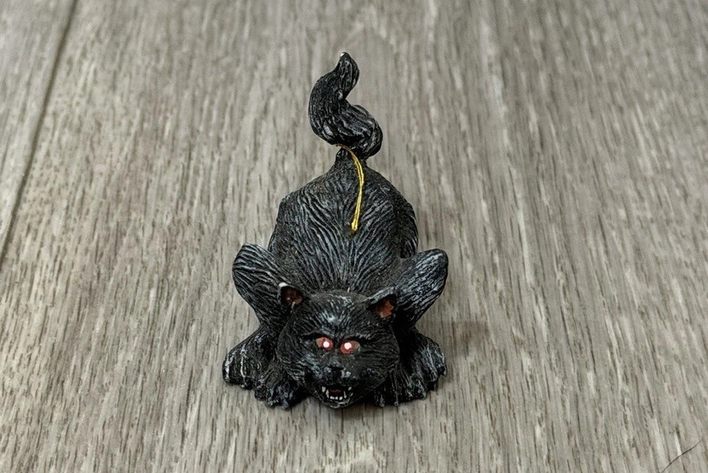Vintage Small 1.75" Scary Resin Black Cat Hanging Ornament
