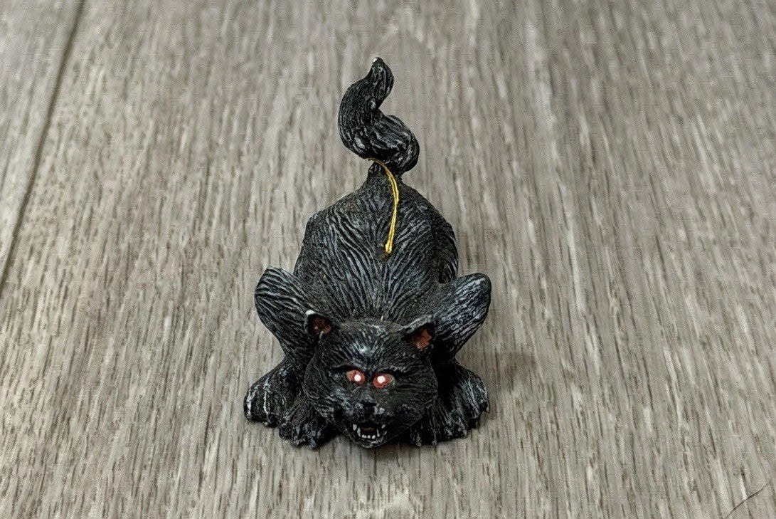 Vintage Small 1.75" Scary Resin Black Cat Hanging Ornament