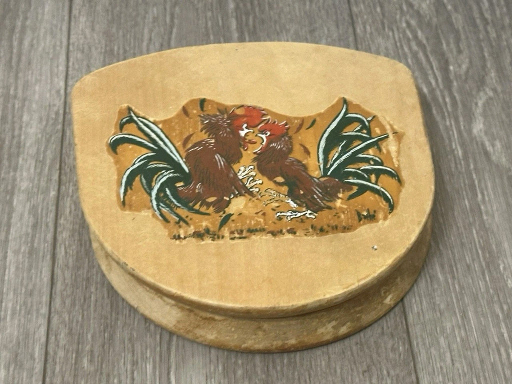 Vintage Wooden Hamburger Press Hand-Painted Folk Art Fighting Roosters Chicken 