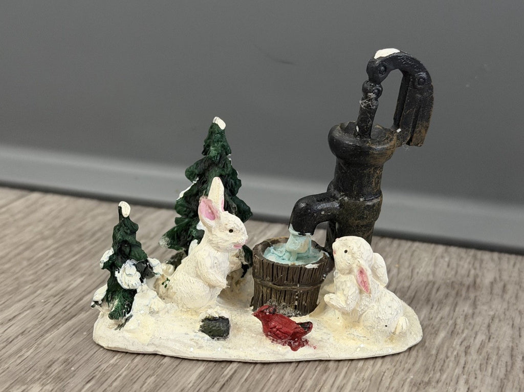VTG Christmas Village Figurine Water Pump Bunnies Cardinal Bird Resin Snow