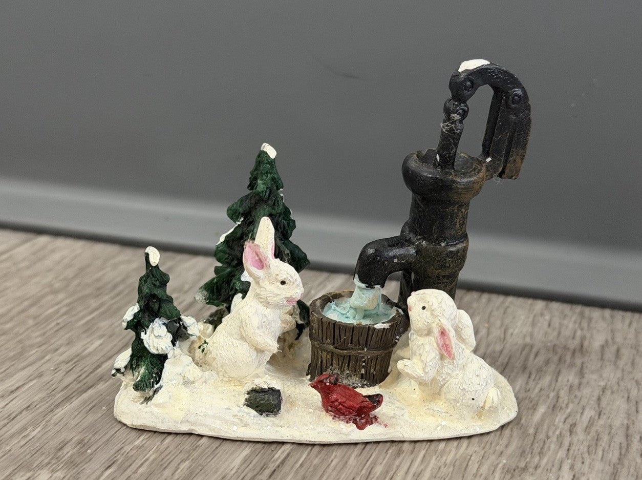 VTG Christmas Village Figurine Water Pump Bunnies Cardinal Bird Resin Snow