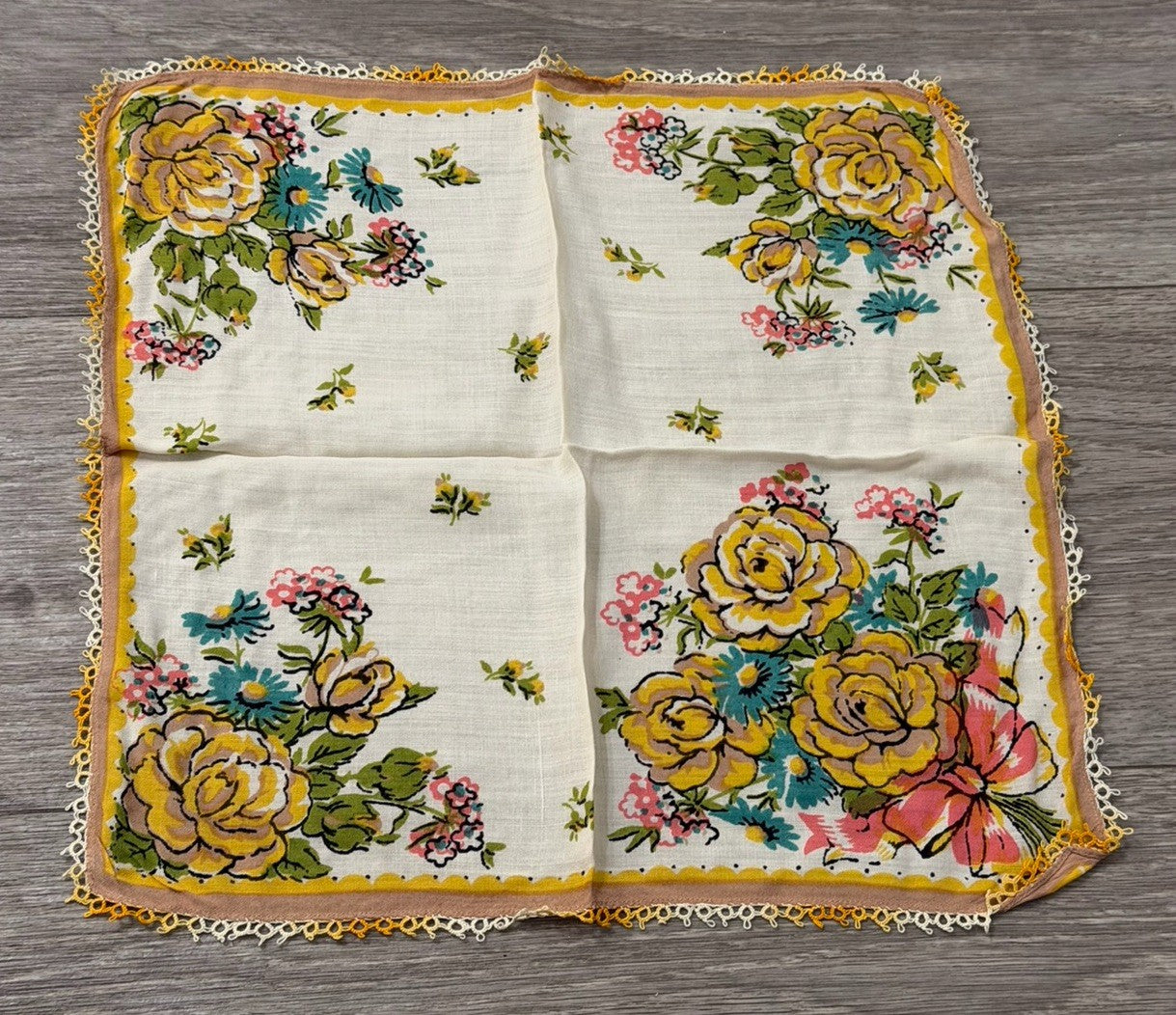 Vintage Yellow Roses & Blue Daisies Flowers Floral Wedding Handkerchief 12” Sq.