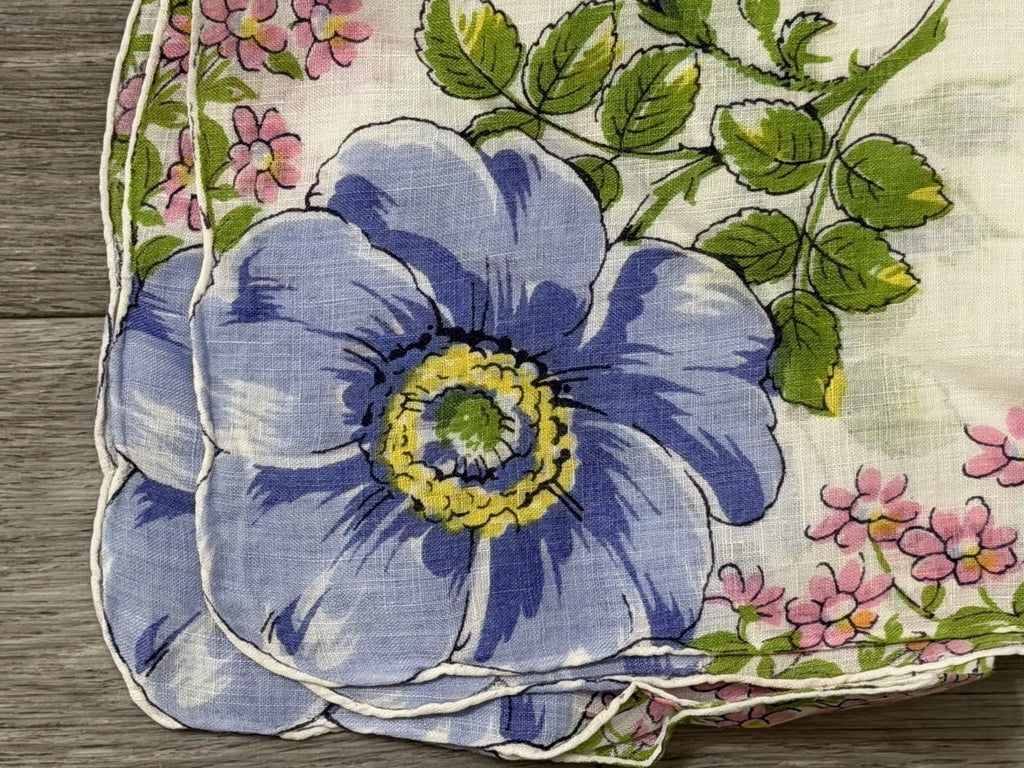 Vintage Blue Flowers W/ Little Pink Flowers Floral Wedding Handkerchief 12” Sq.