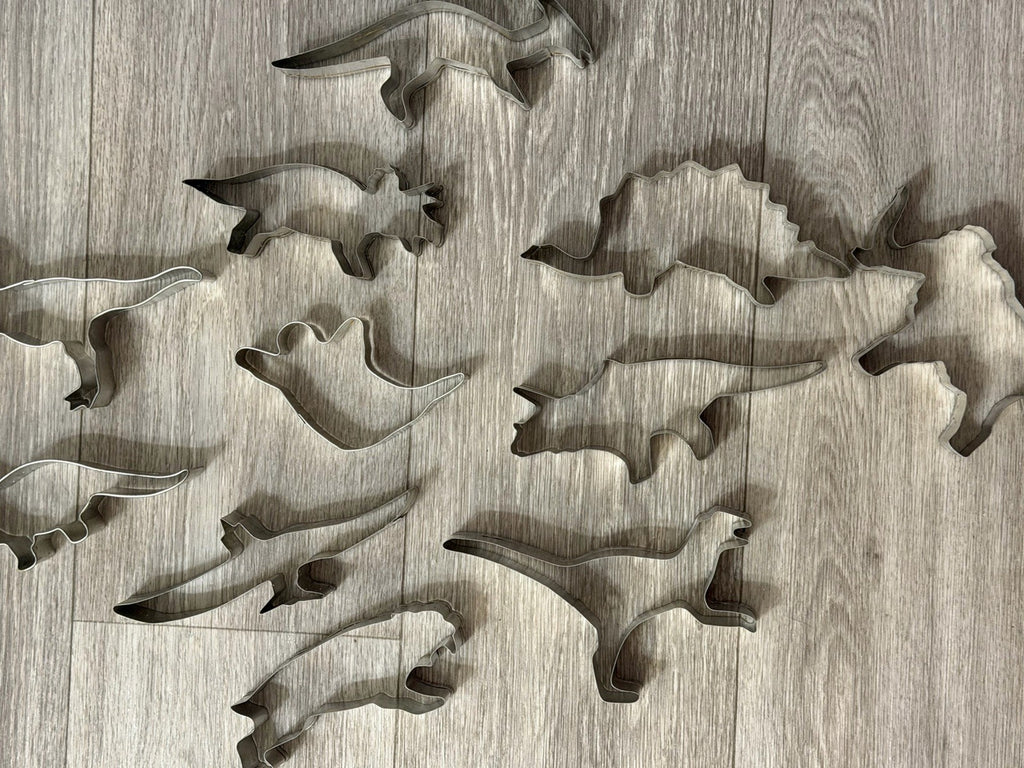 Vintage Cookie Cutters Dinosaur / Prehistoric + 1 Ghost Set of 11 4.5-6" Metal
