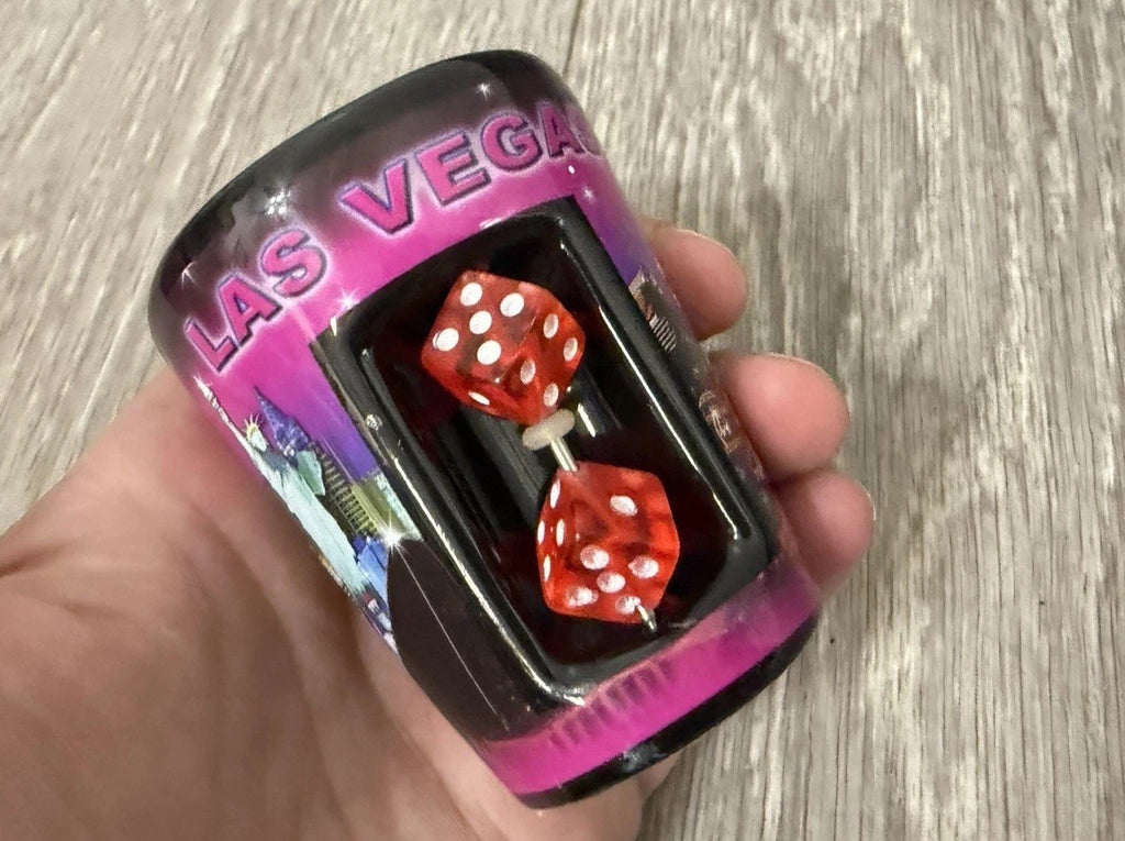 E - Shot Glass - 2.5" Black Las Vegas with inserted Dice