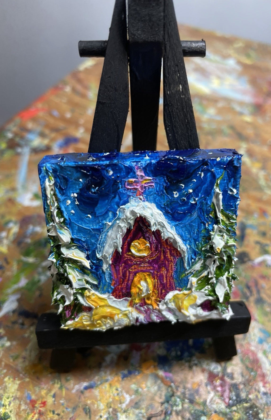 ‘Church In The wild Woods’ New mini oil painting original By Paris Llanso 2x2”