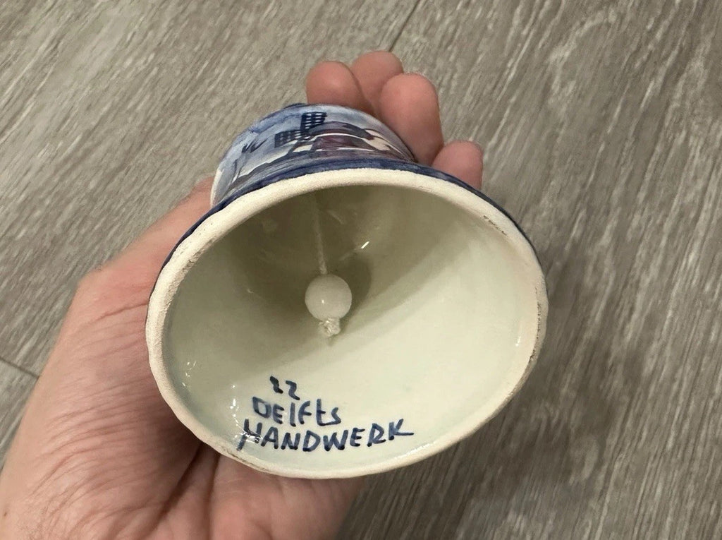 Vintage DELFTt Holland Blue and White Hand-Painted Windmill Leaf Bell 3”