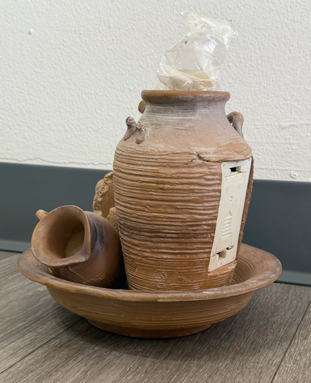 Tabletop Water Fountain Rustic Faux Pottery Sculpture– Folk Art Decor