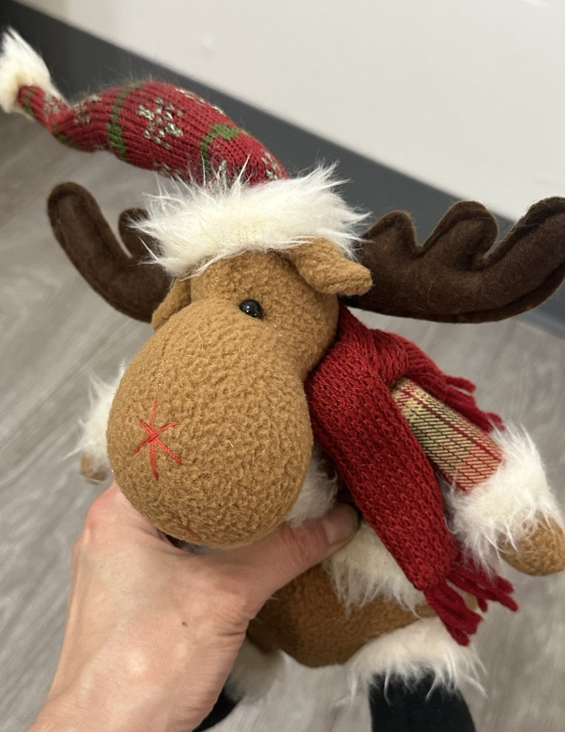 Vintage Reindeer Plush Toy with Red Scarf - Cute Stuffed Christmas Animal