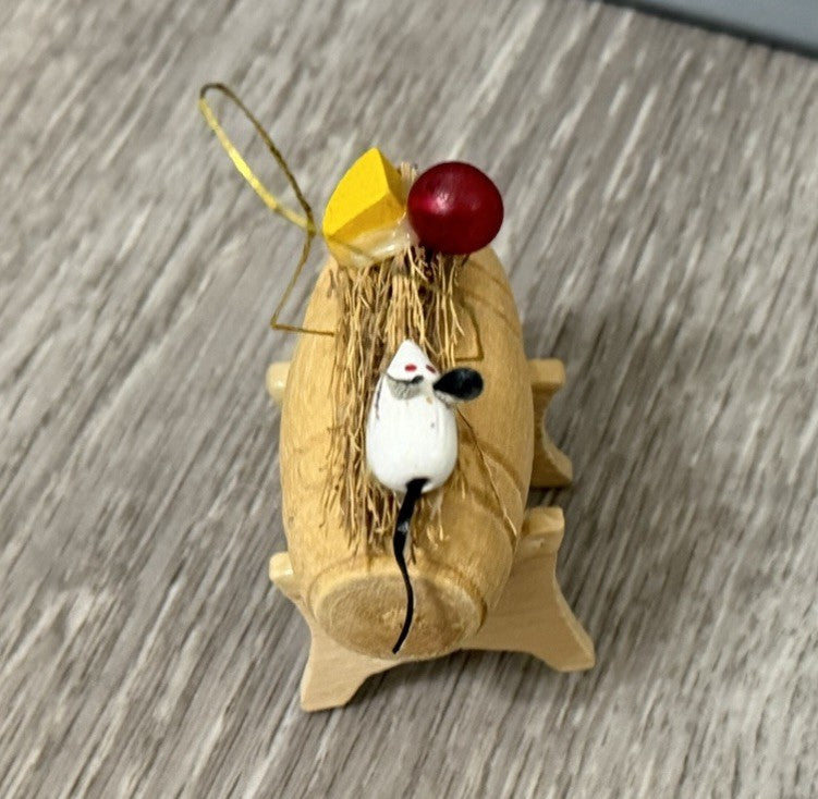 Vintage Wood Barrel Christmas Ornament With Mouse Cheese And Apple