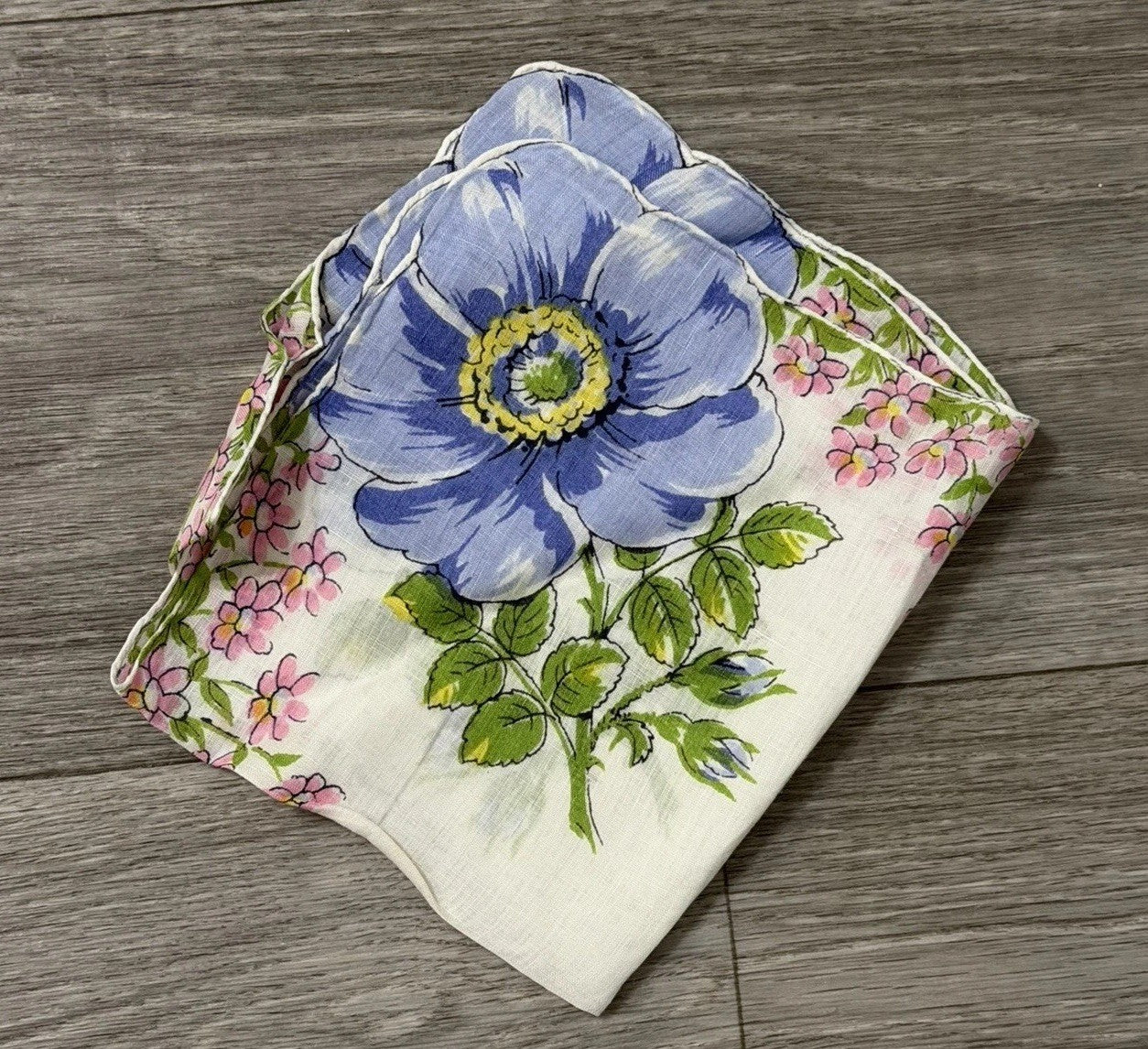 Vintage Blue Flowers W/ Little Pink Flowers Floral Wedding Handkerchief 12” Sq.